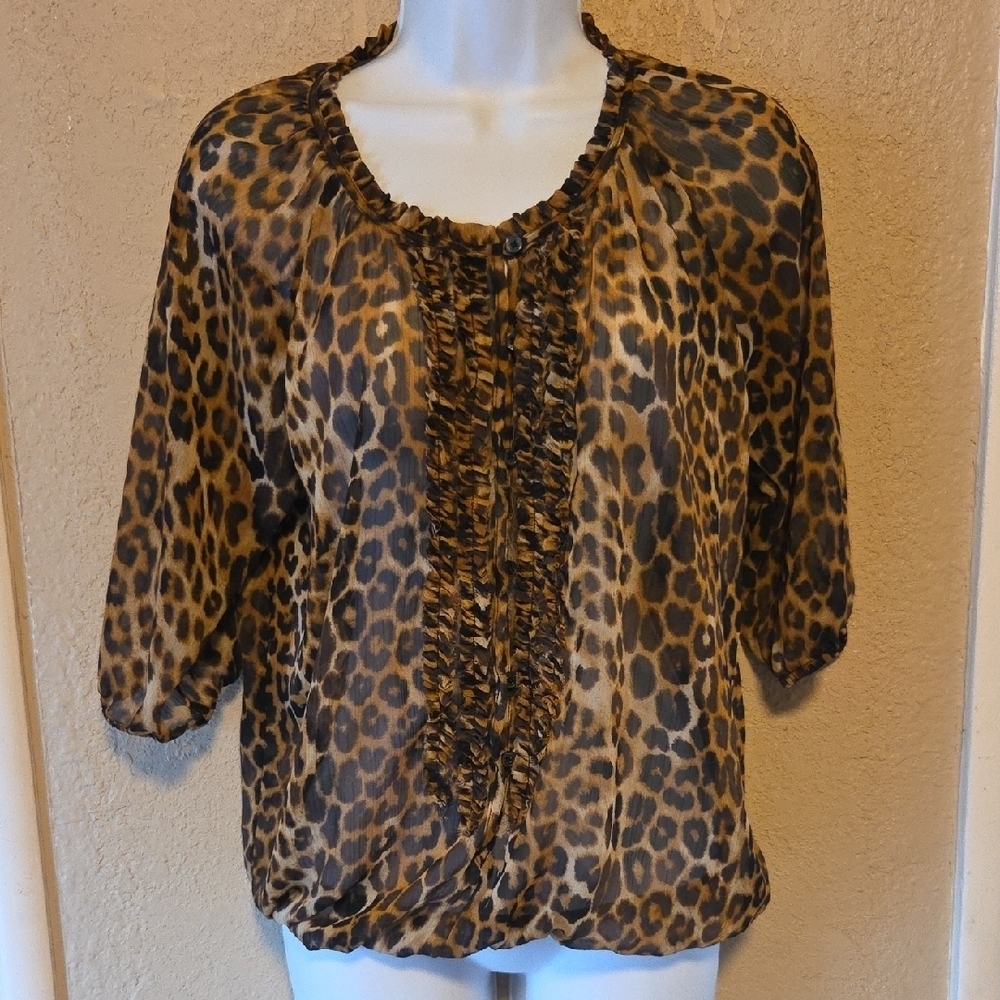 Express Leopard Print Ruffle Blouse